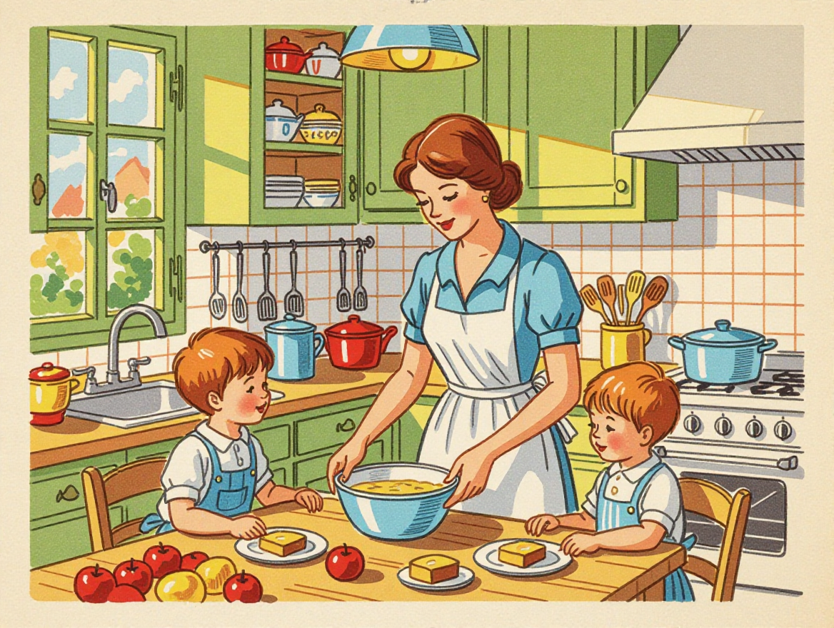 AI generated image - Mom in kitchen with boys